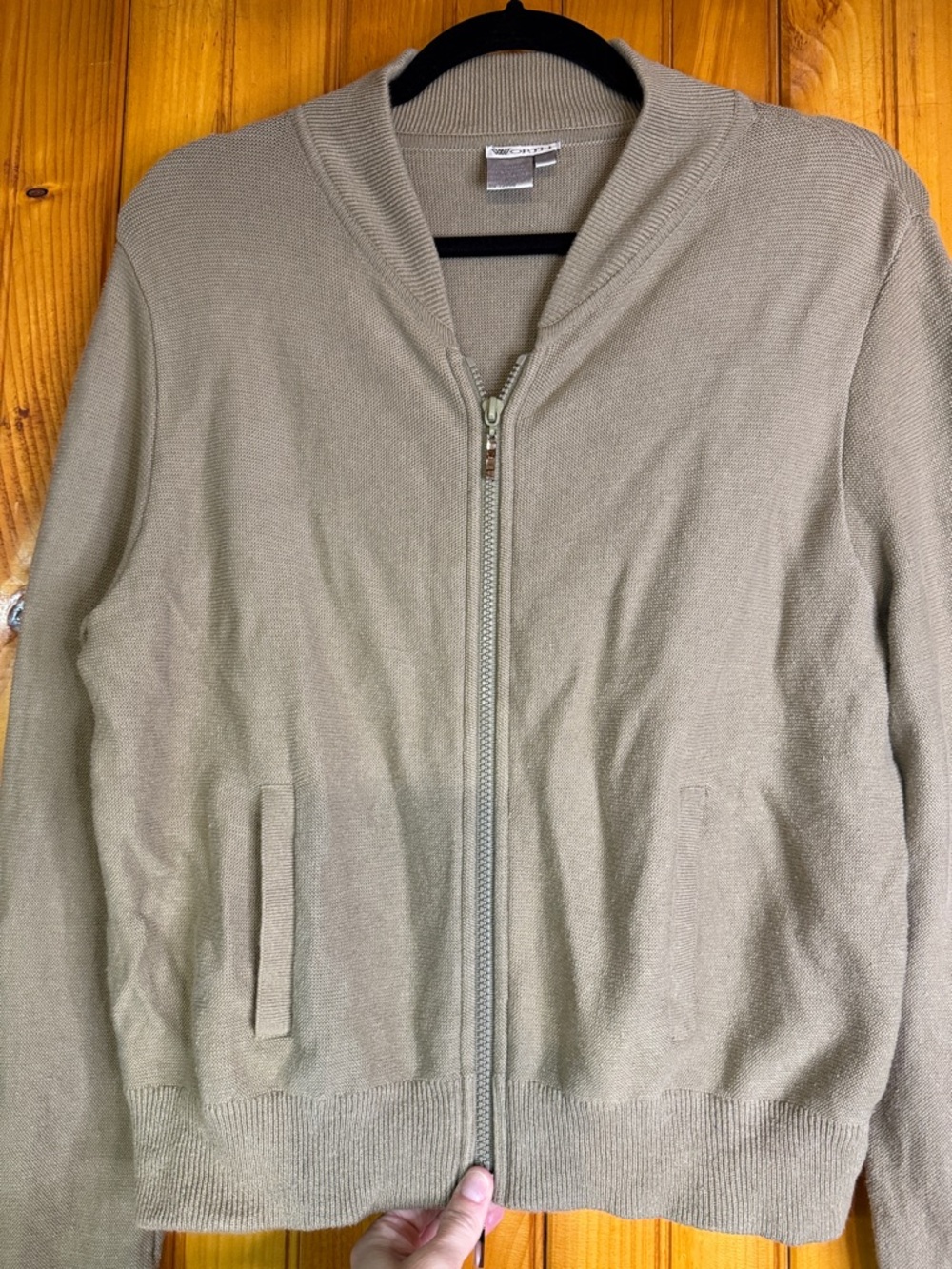 Worth Olive-Tan Knit Green Zip-Front Cardigan Sweater - Picture 3 of 7